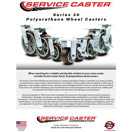 Service Caster 8 Inch Polyurethane Caster Set with Ball Bearings and Brake/Swivel Lock SCC SCC-30CS820-PPUB-TLB-BSL-4